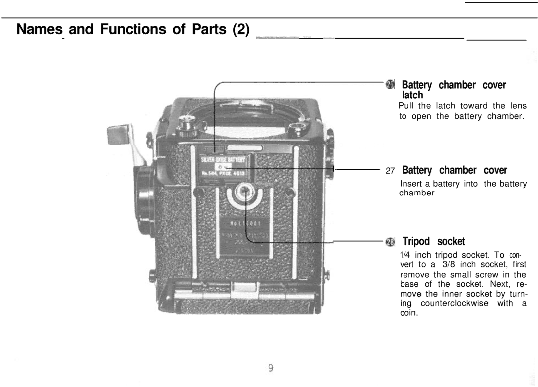 Mamiya M645 1000S manual Names and Functions of Parts, @ Battery chamber cover latch, @ Tripod socket 