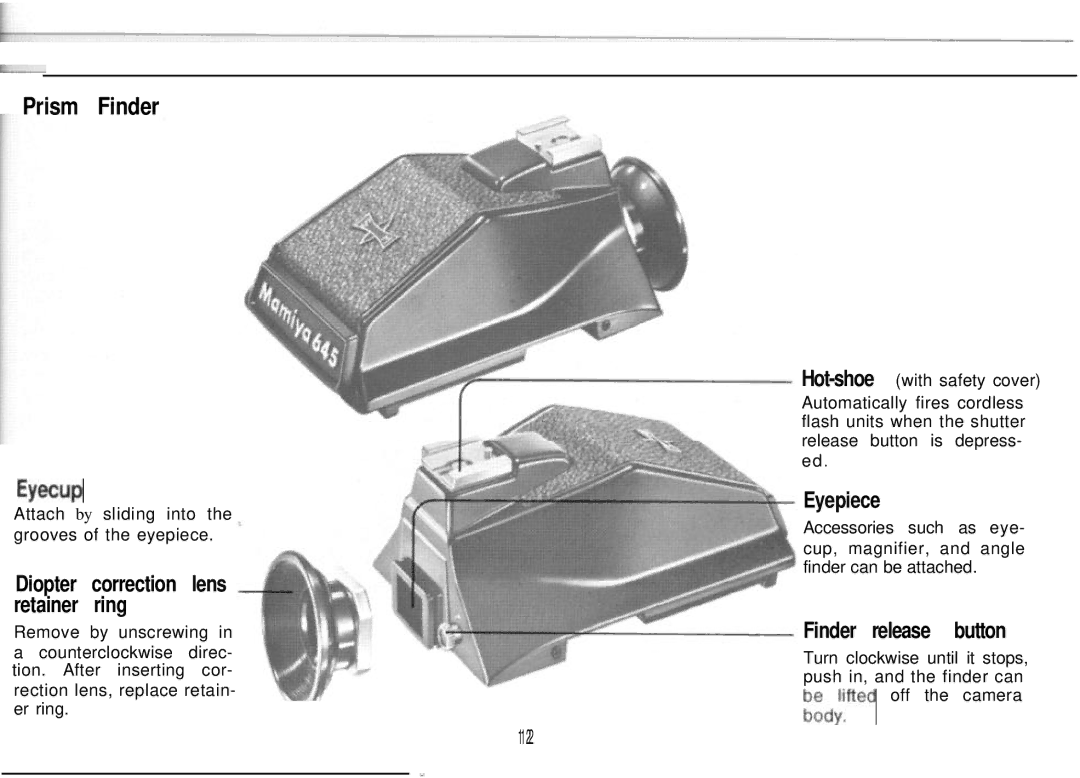 Mamiya M645 1000S manual Diopter correction lens retainer ring, Eyepiece, Finder release button, EYecUP, 122 