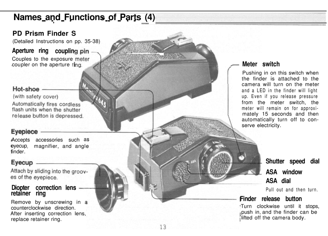 Mamiya M645 1000S manual PD Prism Finder S, Aperture ring couplin, Meter switch, Shutter speed dial ASA window ASA dial 