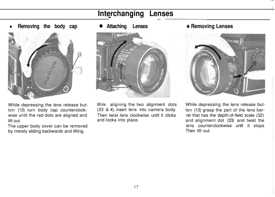 Mamiya M645 1000S manual Interchanging Lenses, Removing the body cap Attaching Lenses 