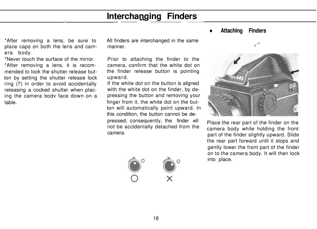 Mamiya M645 1000S manual Interchanging Finders, Attaching Finders 