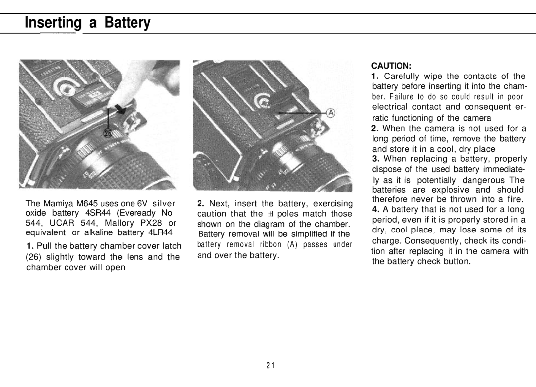 Mamiya M645 1000S manual Inserting a Battery -~ 