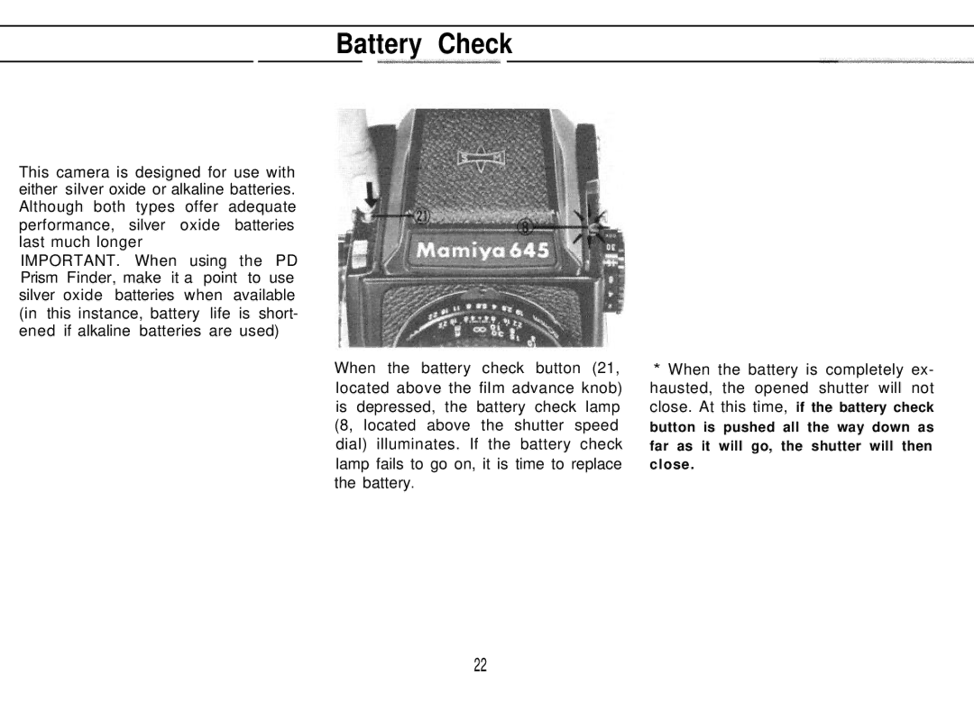 Mamiya M645 1000S manual Battery Check 