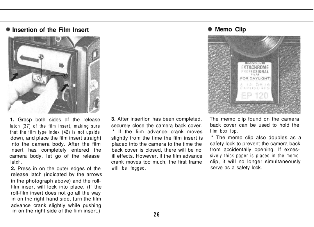 Mamiya M645 1000S manual Insertion of the Film Insert Memo Clip 