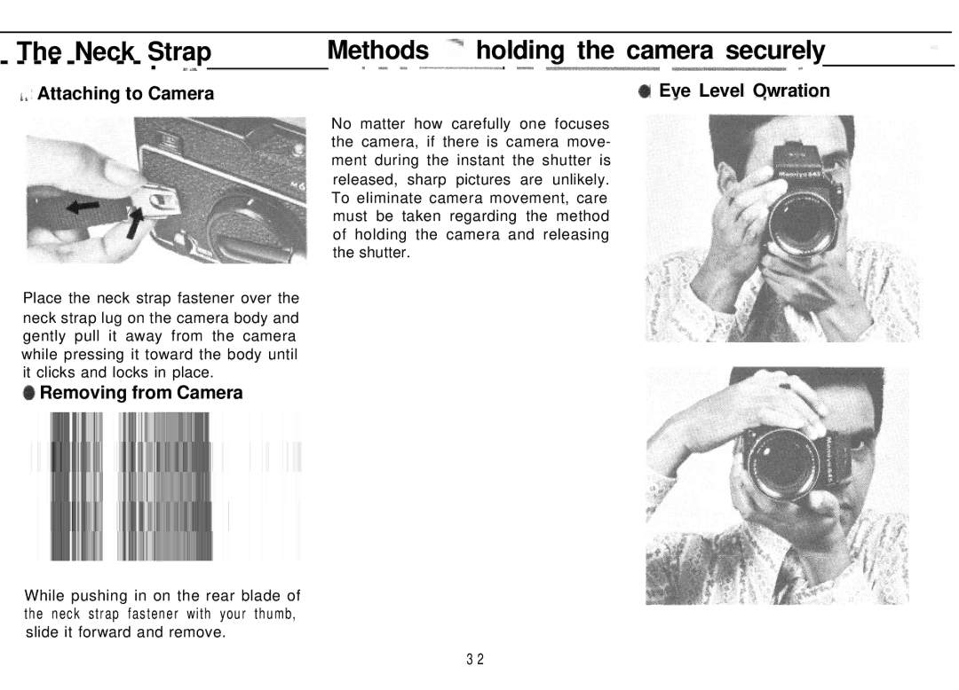 Mamiya M645 1000S manual Neck Strap, Methods of holding the camera securely, Attaching to Camera, Removing from Camera 