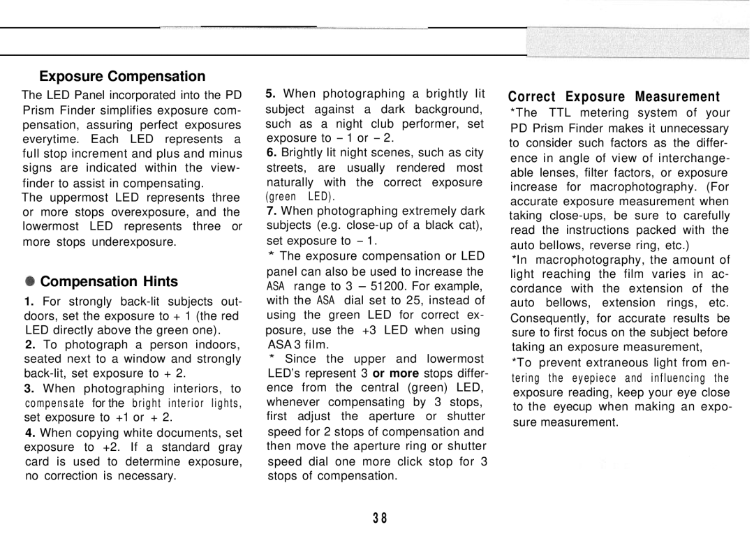 Mamiya M645 1000S manual Exposure Compensation, Compensation Hints, Correct Exposure Measurement 