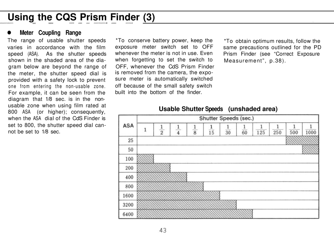 Mamiya M645 1000S Using the CQS Prism Finder, ~... .. .-.-~, Meter Coupling Range, Usable Shutter Speeds unshaded area 