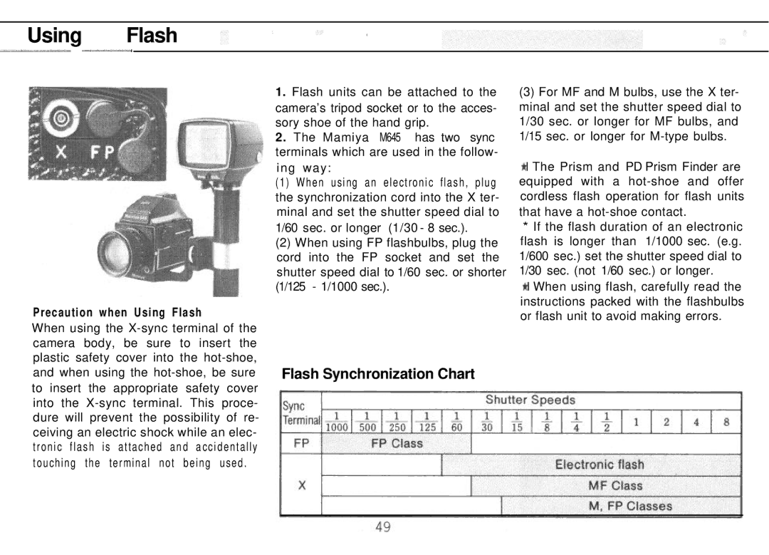 Mamiya M645 1000S manual Using Flash, Flash Synchronization Chart 