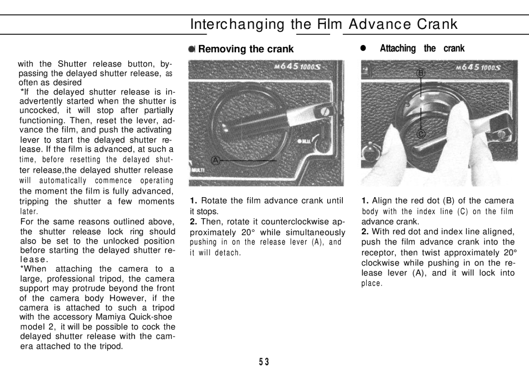 Mamiya M645 1000S manual Interchanging the Film Advance Crank, Removing the crank Attaching the crank 