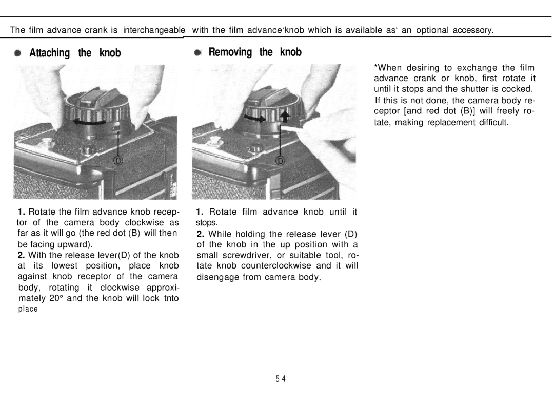 Mamiya M645 1000S manual Attaching the knob, Removing the knob 