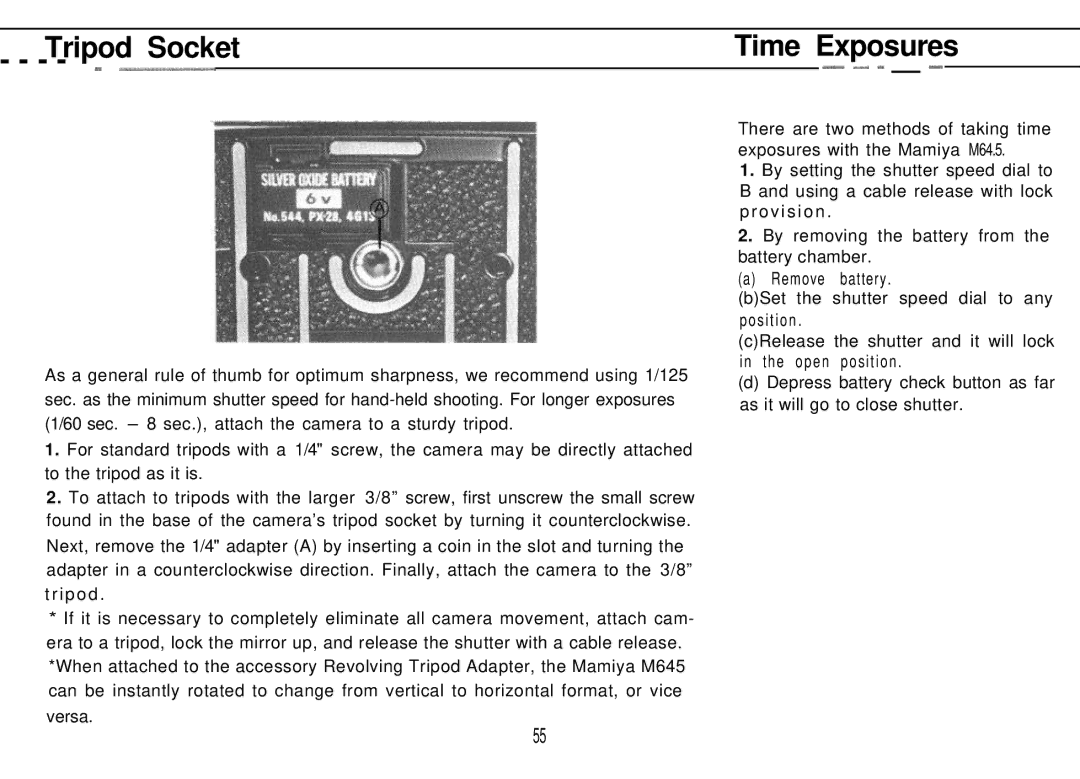 Mamiya M645 1000S manual Tripod Socket Time Exposures 