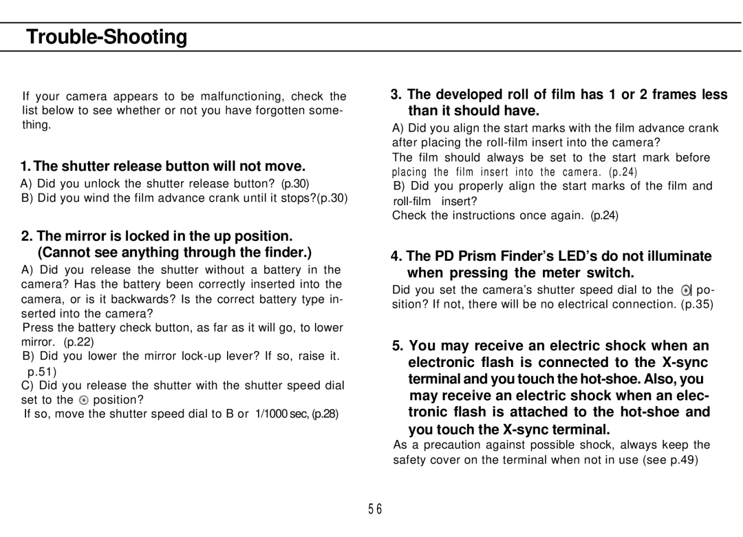 Mamiya M645 1000S manual Trouble-Shooting, Shutter release button will not move, You touch the X-sync terminal 