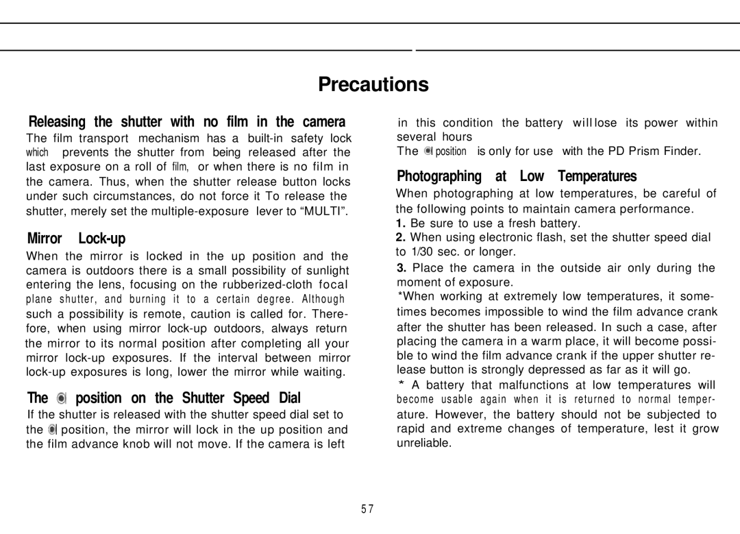 Mamiya M645 1000S manual Precautions, Releasing the shutter with no film in the camera, Mirror Lock-up 