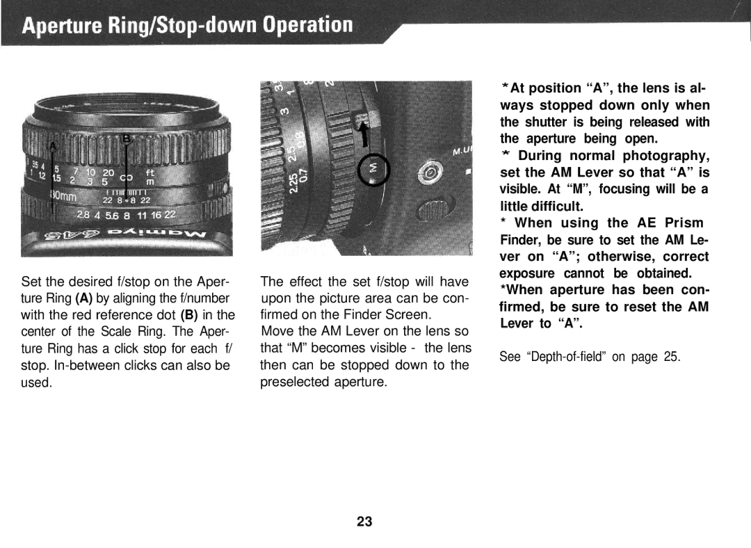 Mamiya PRO 645 manual See Depth-of-field on 