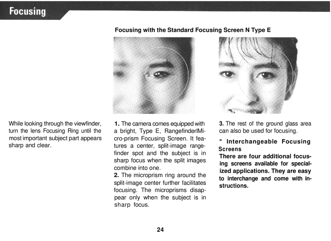 Mamiya PRO 645 manual Focusing with the Standard Focusing Screen N Type E 