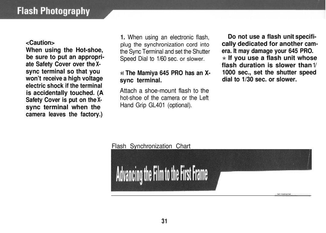 Mamiya PRO 645 manual Mamiya 645 PRO has an X- sync terminal 