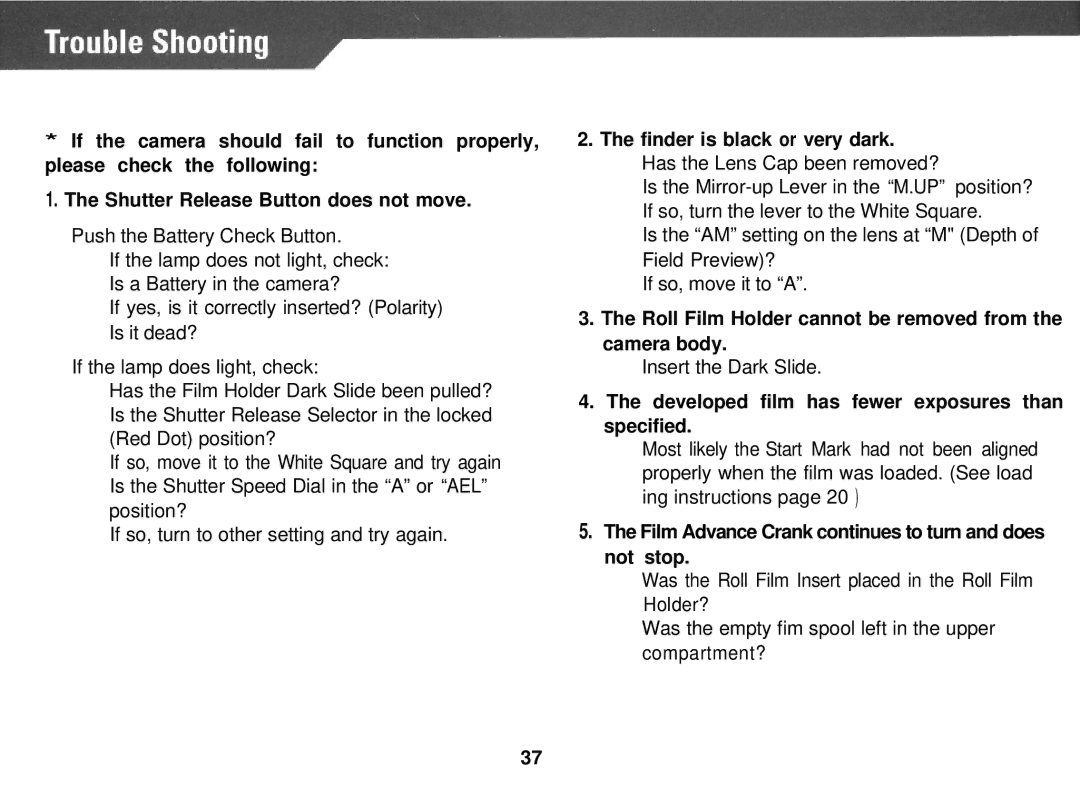 Mamiya PRO 645 manual Finder is black or very dark, Roll Film Holder cannot be removed from the camera body 