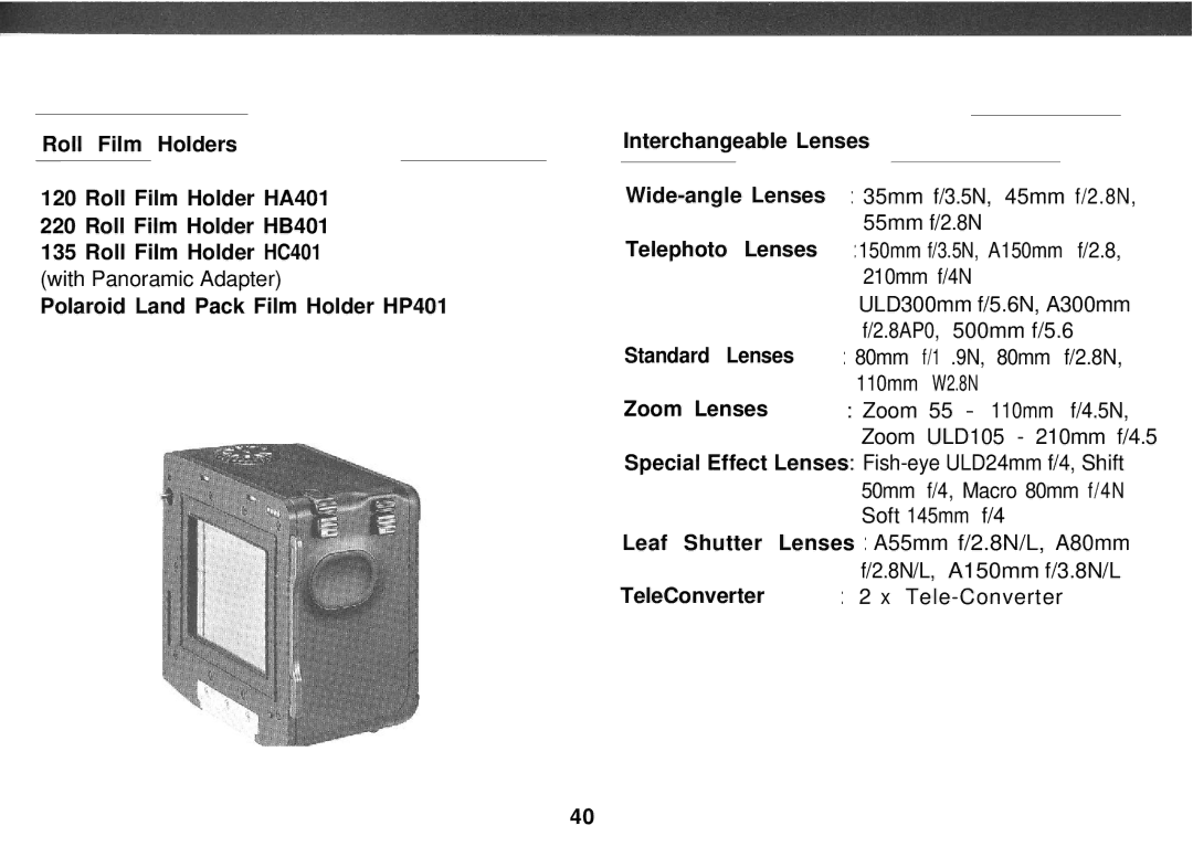 Mamiya PRO 645 manual Polaroid Land Pack Film Holder HP401 Interchangeable Lenses 