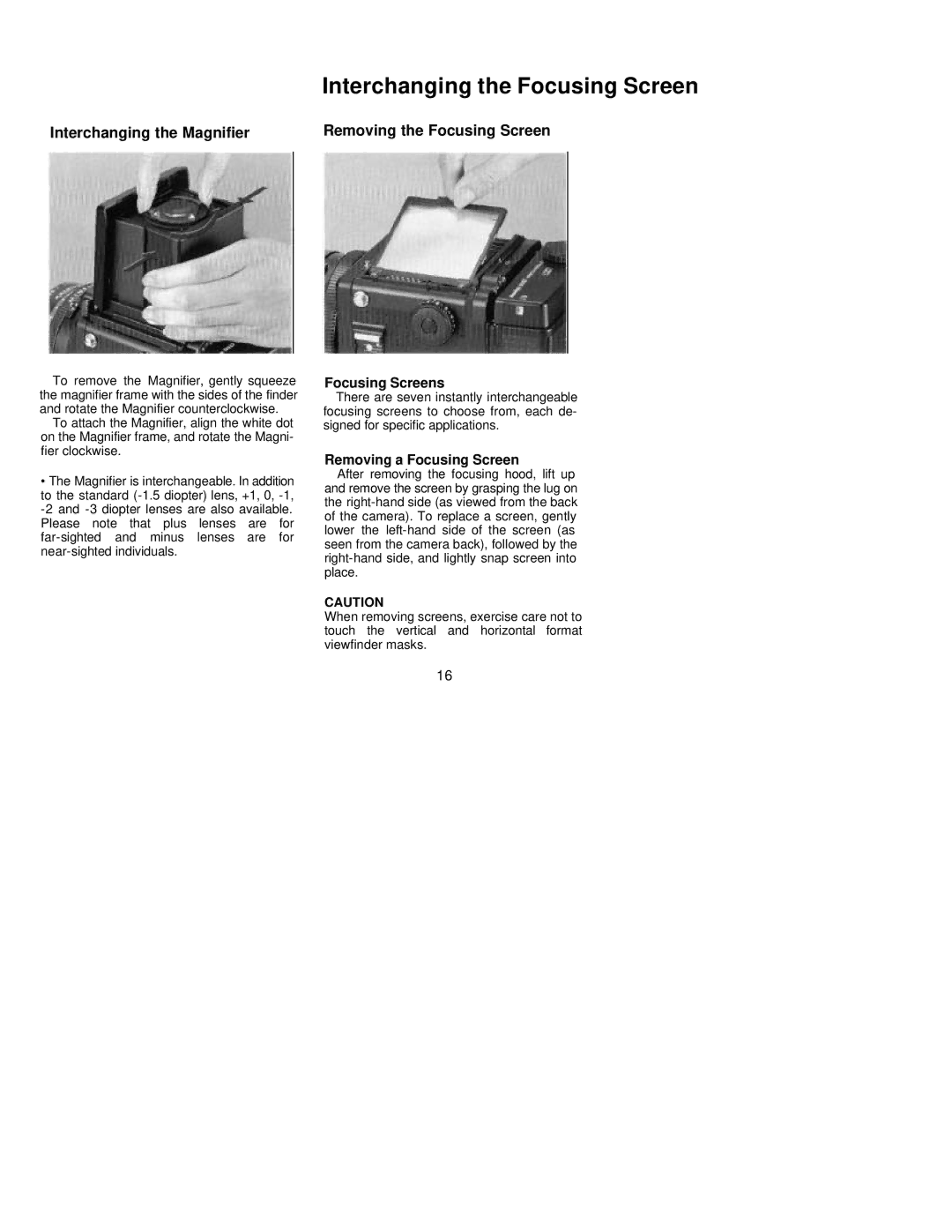 Mamiya RZ67 PRO II manual Interchanging the Focusing Screen, Interchanging the Magnifier, Removing the Focusing Screen 