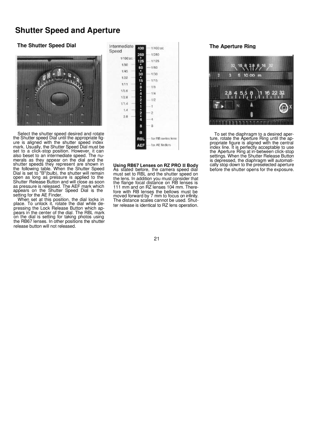 Mamiya RZ67 Pro II Body Only, RZ67 PRO II manual Shutter Speed and Aperture, Shutter Speed Dial 