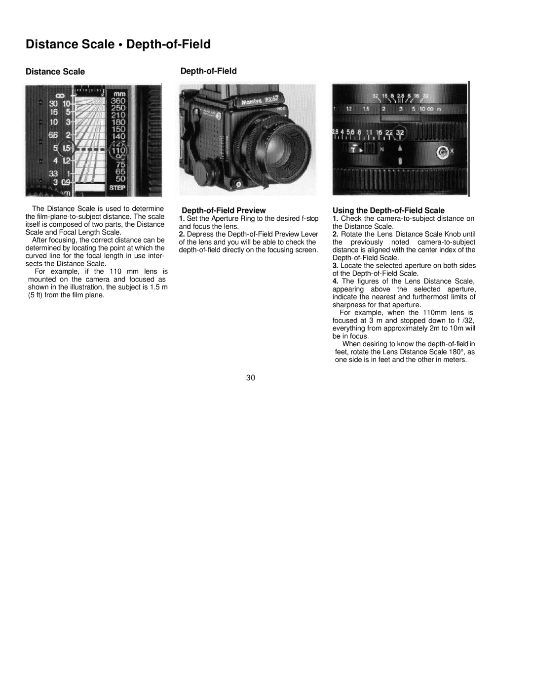 Mamiya RZ67 PRO II manual Distance Scale Depth-of-Field, Depth-of-Field Preview, Using the Depth-of-Field Scale 