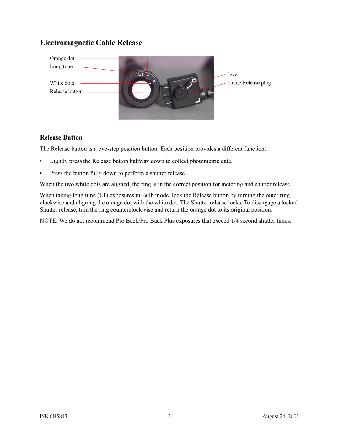 Mamiya RZ67 manual Electromagnetic Cable Release, Release Button 