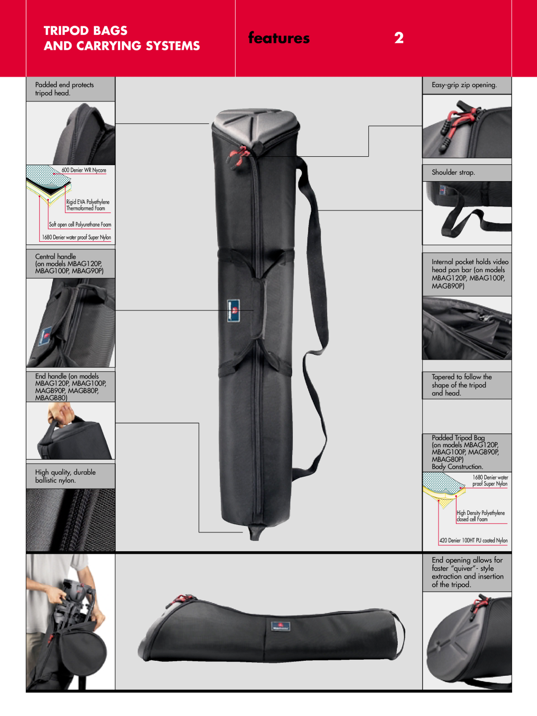 Manfrotto MBAG90P, MBAGD, MBAG70, MBAG120P, MBAG100P, MBAG80P manual features2, Tripod Bags And Carrying Systems 