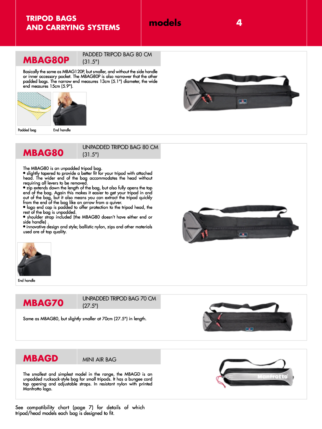 Manfrotto MBAG100P, MBAGD manual models4, MBAG80P, MBAG70, Mbagd, Tripod Bags And Carrying Systems, PADDED TRIPOD BAG 80 CM 