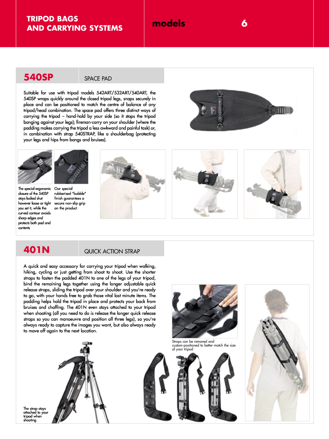 Manfrotto MBAGD, MBAG70, MBAG120P models6, 540SP, 401N, Tripod Bags And Carrying Systems, Space Pad, Quick Action Strap 