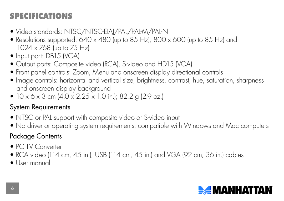 Manhattan Computer Products 150095 user manual Specifications 