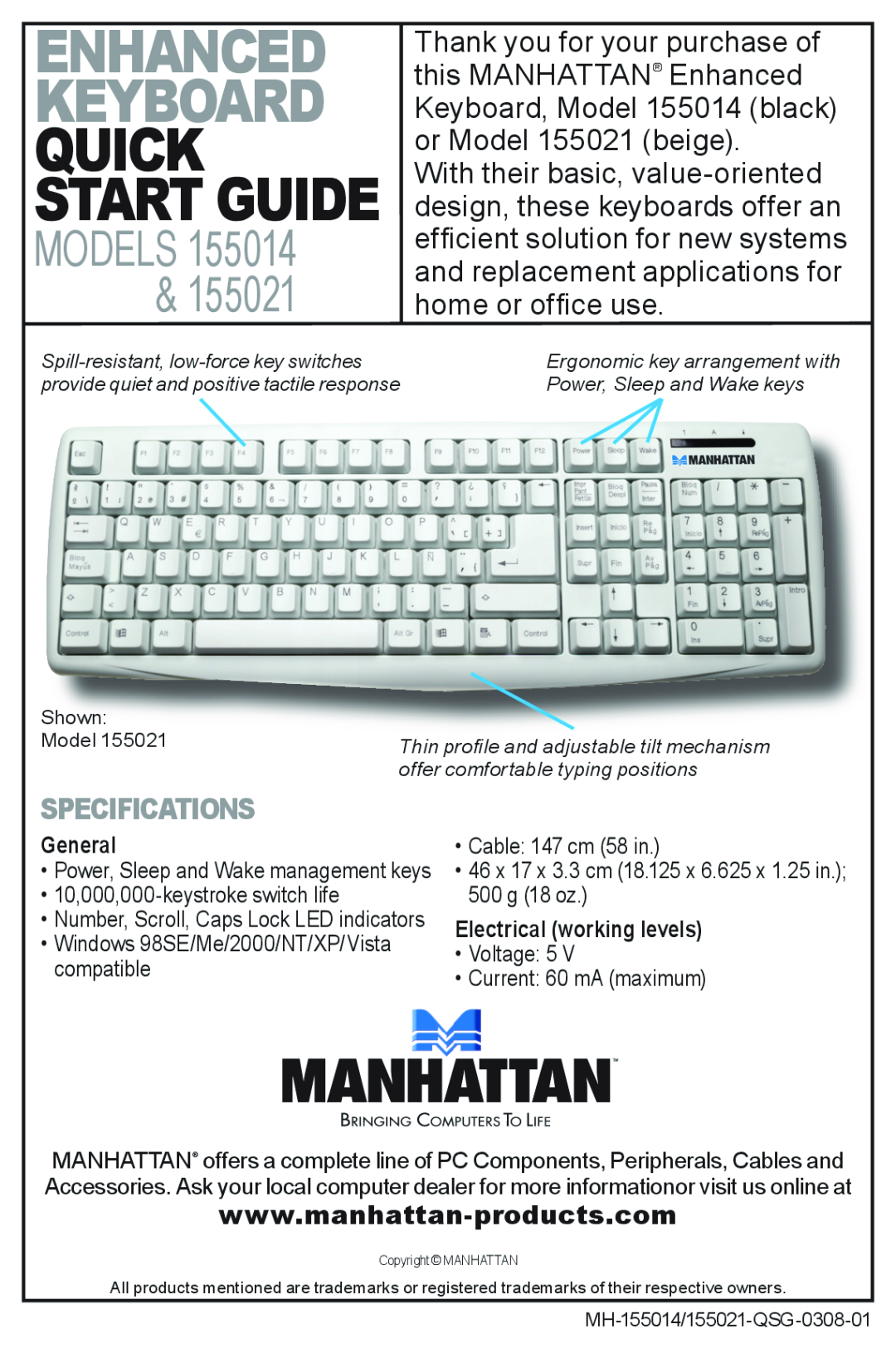 Manhattan Computer Products 155014 quick start Enhanced Keyboard, Quick Start Guide, Models, specifications 