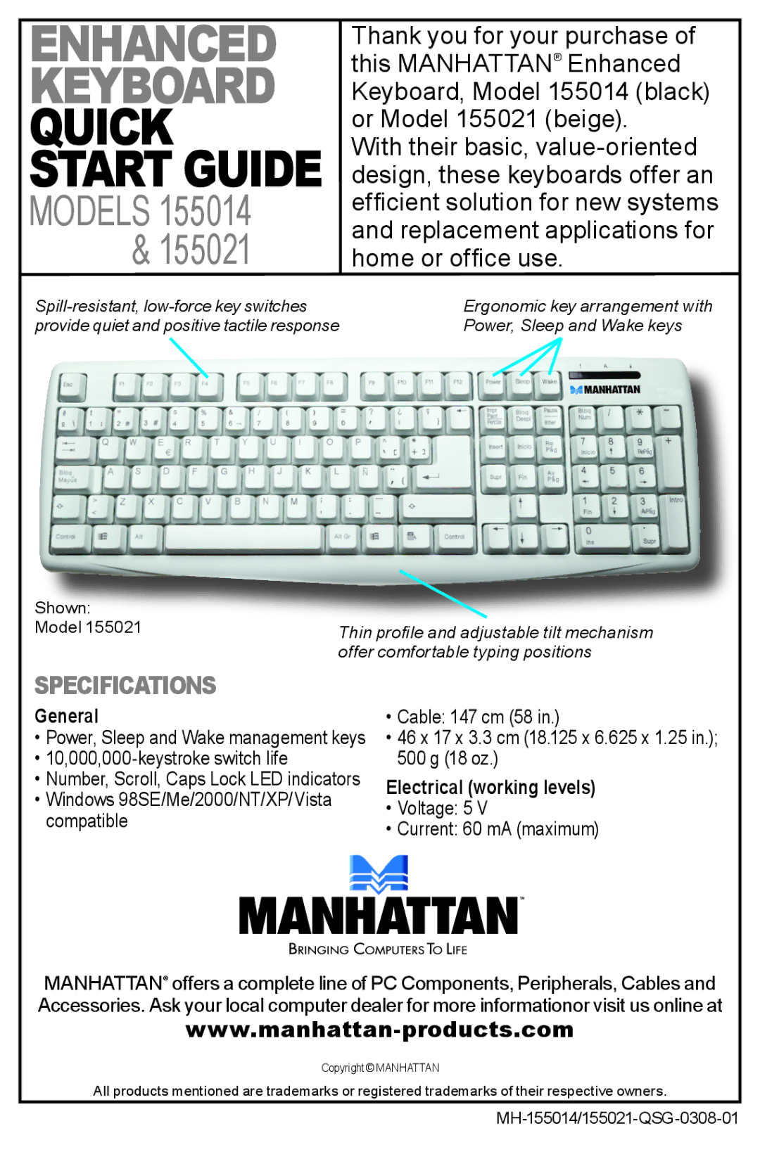 Manhattan Computer Products quick start Enhanced Keyboard, Quick Start Guide, Models 155014, Specifications 