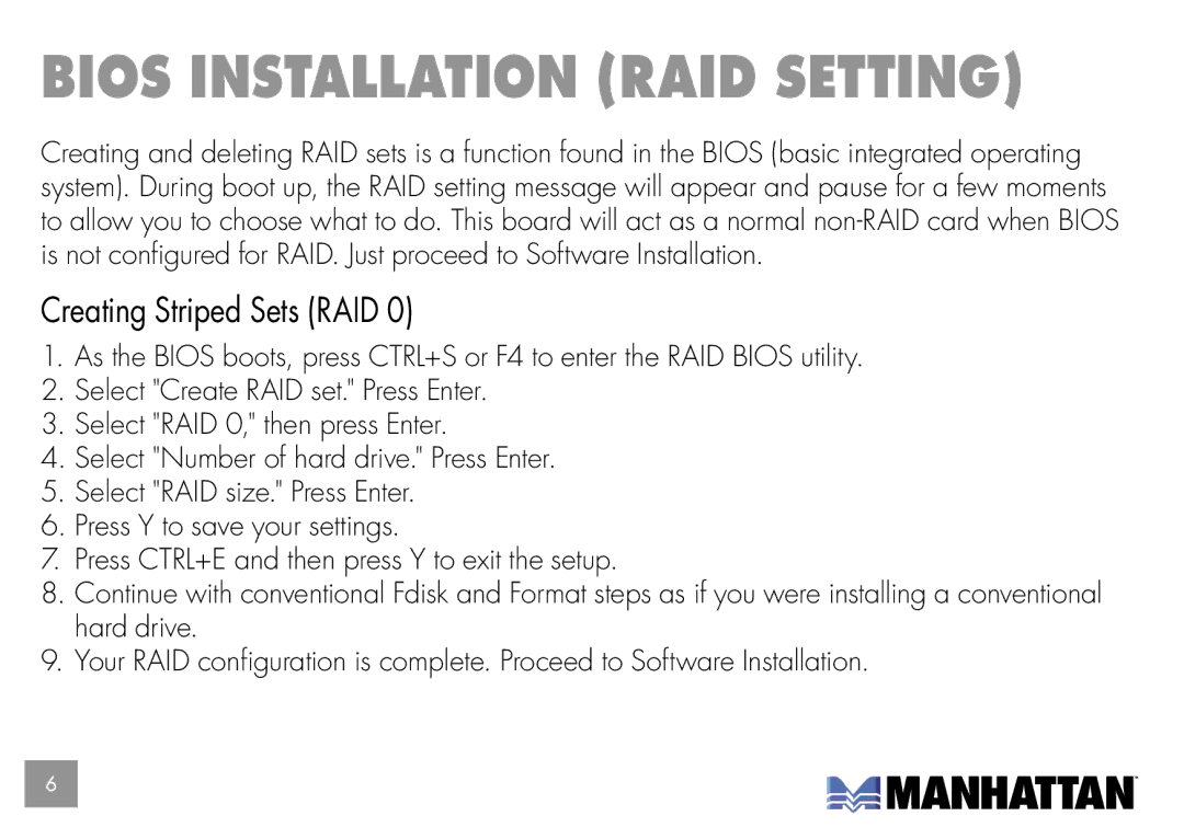 Manhattan Computer Products 160377 user manual Bios Installation RAID Setting, Creating Striped Sets RAID 