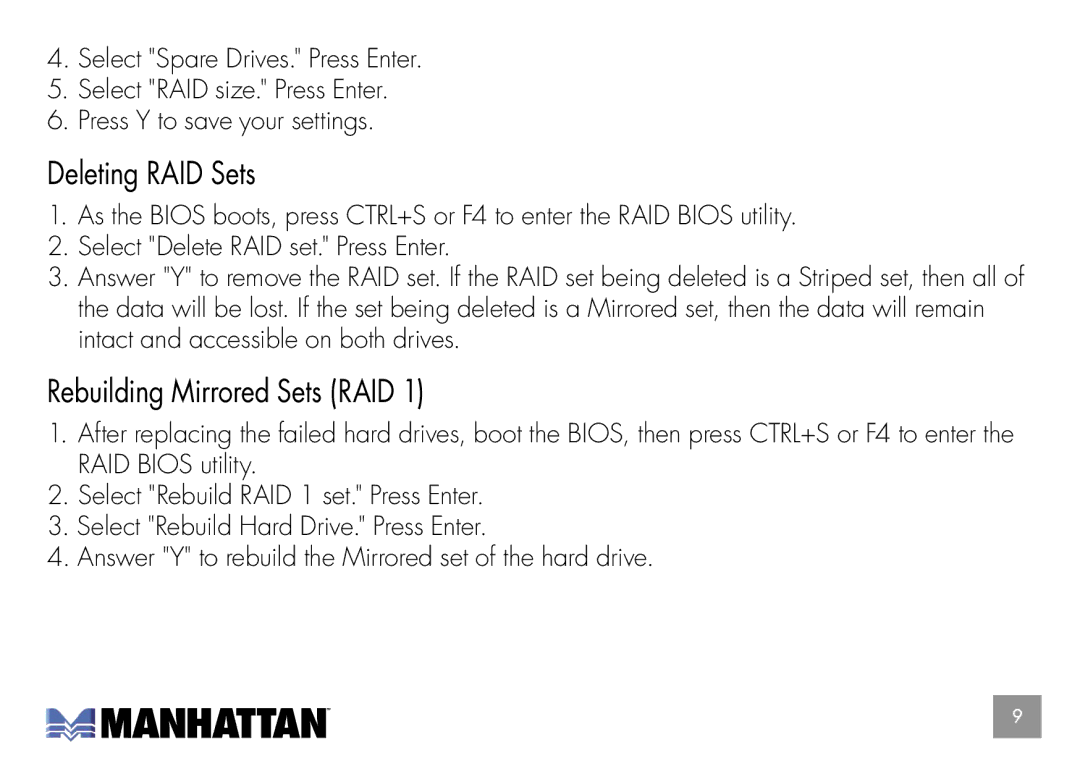 Manhattan Computer Products 160377 user manual Deleting RAID Sets, Rebuilding Mirrored Sets RAID 