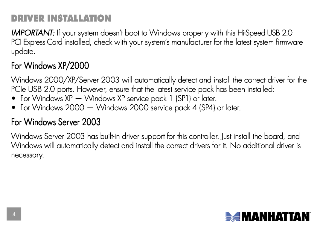 Manhattan Computer Products 160391 user manual Driver Installation, For Windows XP/2000, For Windows Server 