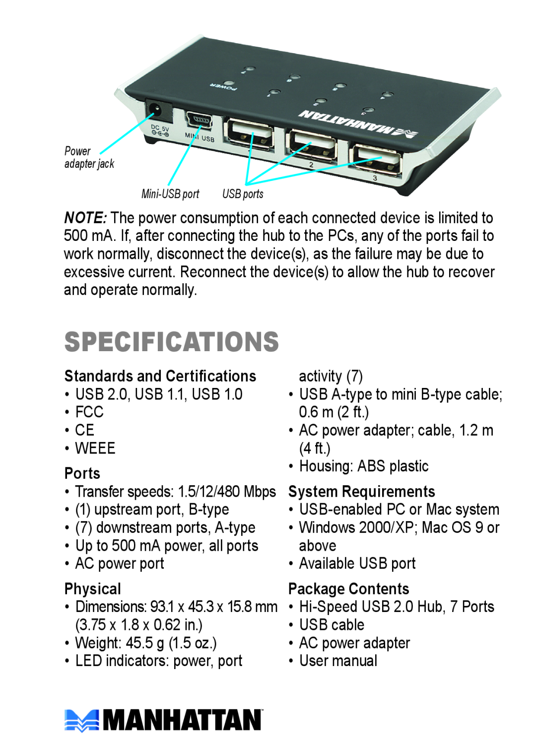 Manhattan Computer Products 160766 Standards and Certifications, Ports, Physical, specifications, System Requirements 