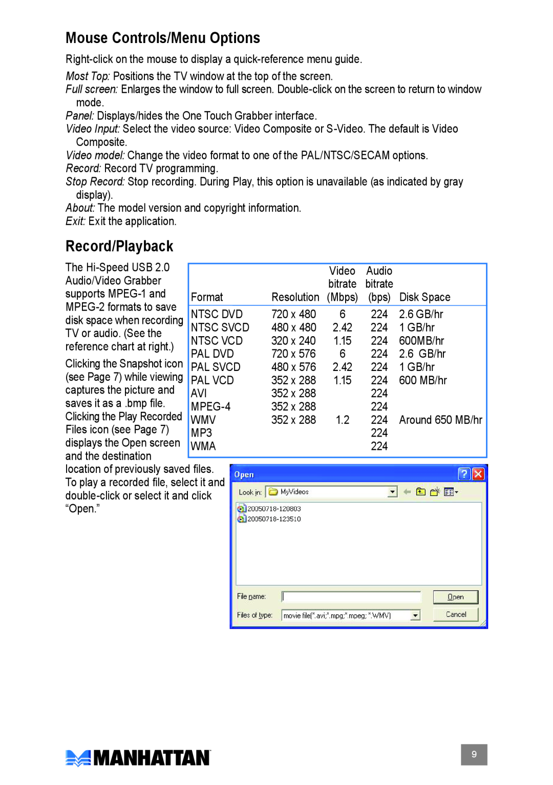 Manhattan Computer Products 164115 user manual Mouse Controls/Menu Options, Record/Playback, saves it as a .bmp file 