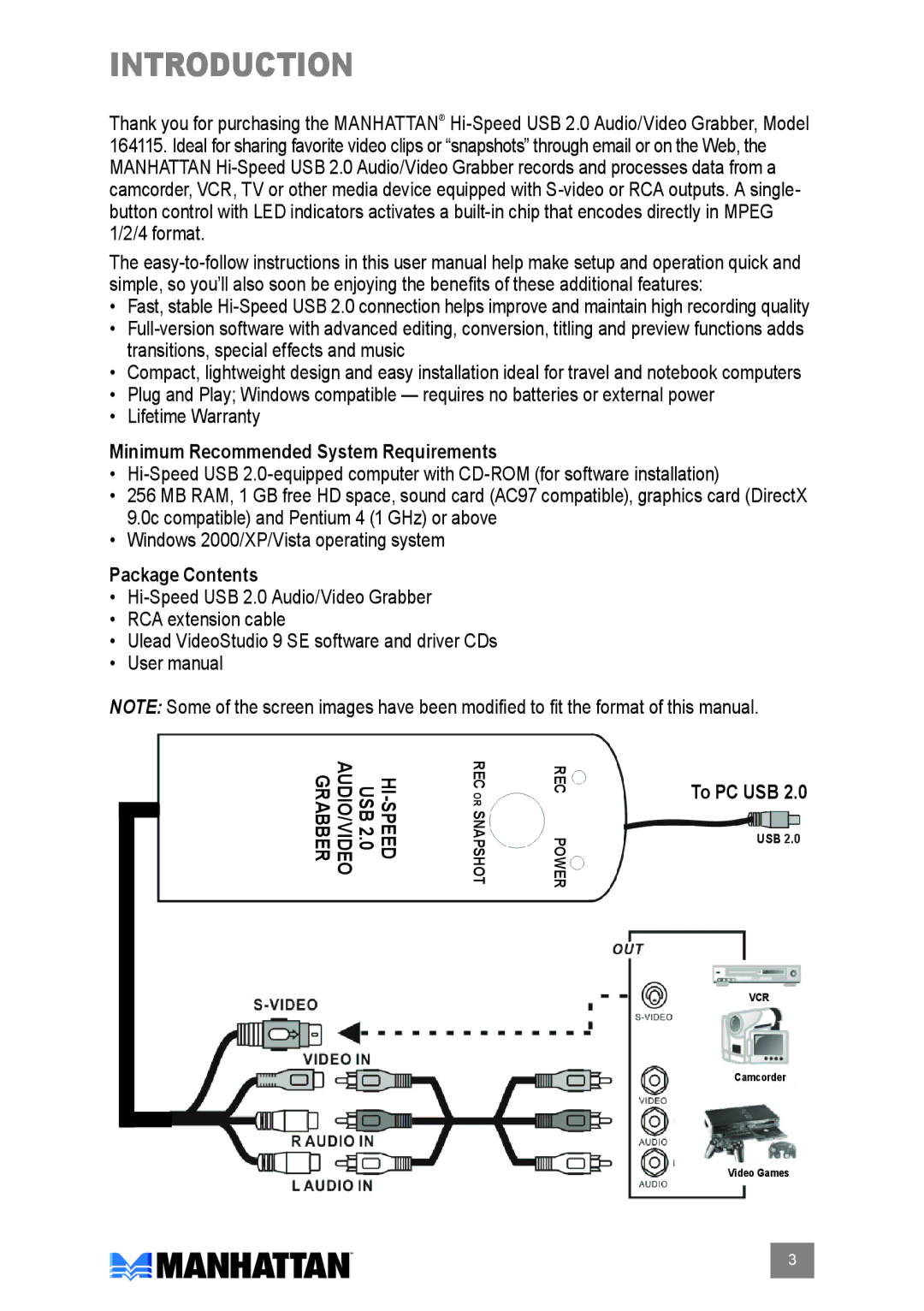 Manhattan Computer Products 164115 Introduction, Minimum Recommended System Requirements, Package Contents, To PC USB 