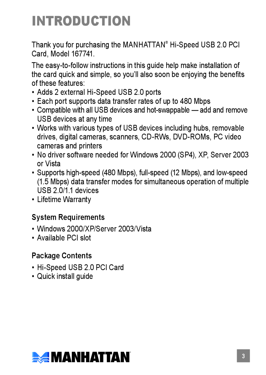 Manhattan Computer Products 167741 manual introduction, System Requirements, Package Contents 