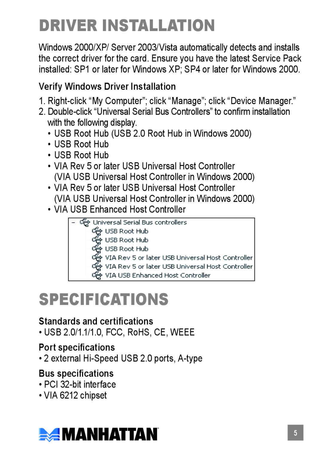 Manhattan Computer Products 167741 manual driver installation, specifications, Verify Windows Driver Installation 