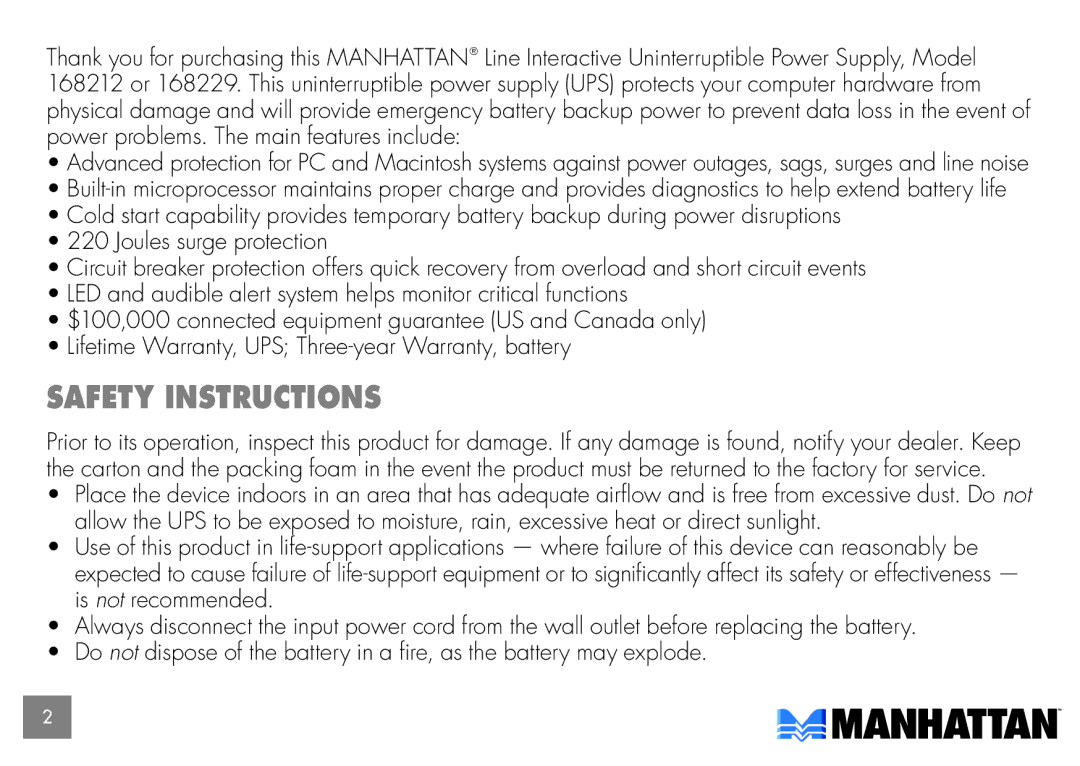 Manhattan Computer Products 168229, 168212 user manual Safety instructions 