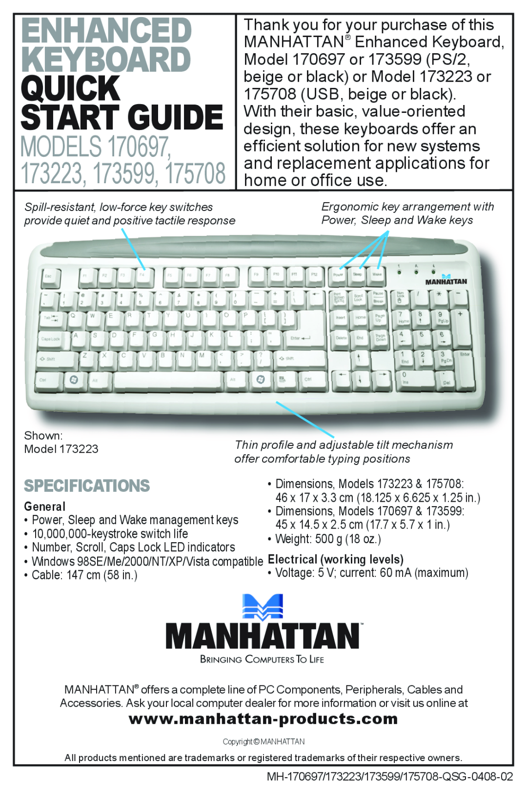 Manhattan Computer Products 170697 specifications Enhanced Keyboard, Quick Start Guide, Models 