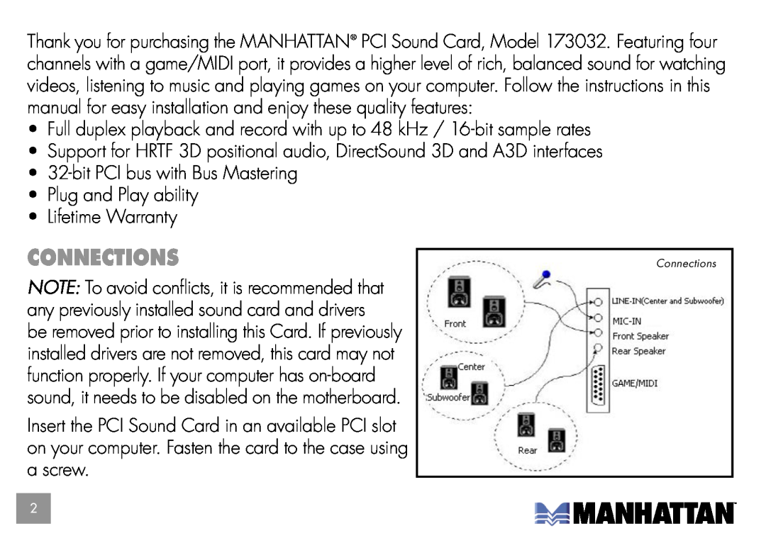 Manhattan Computer Products 173032 user manual Connections 