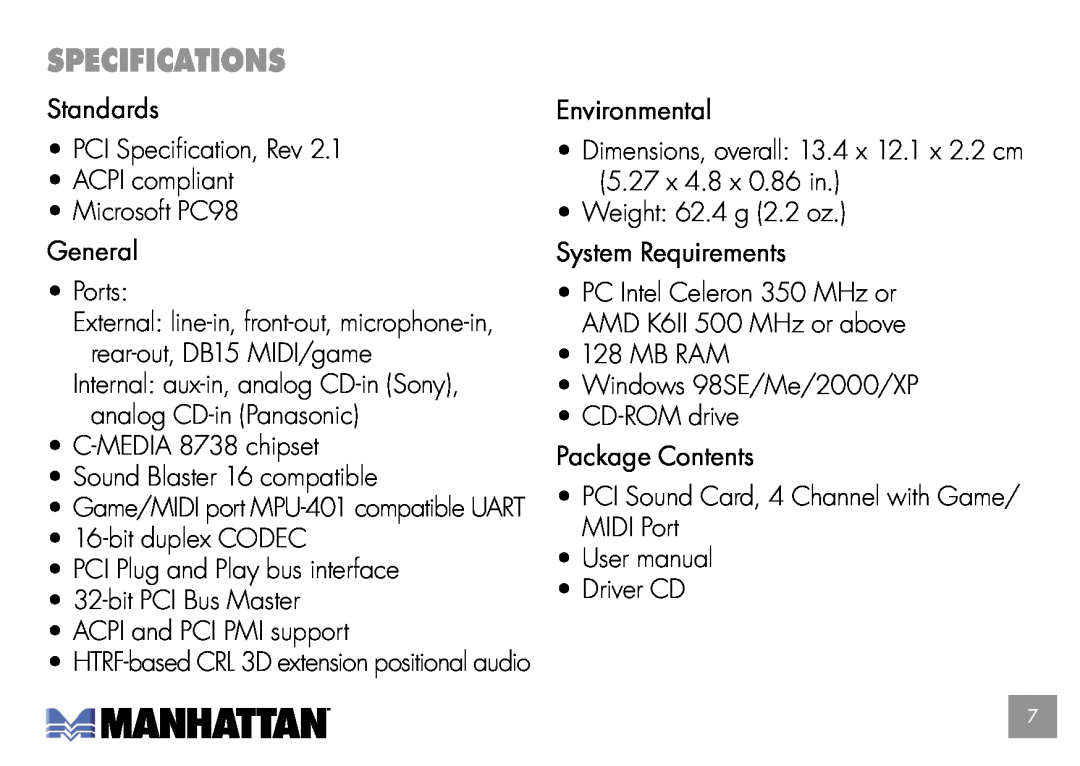 Manhattan Computer Products 173032 user manual Specifications 
