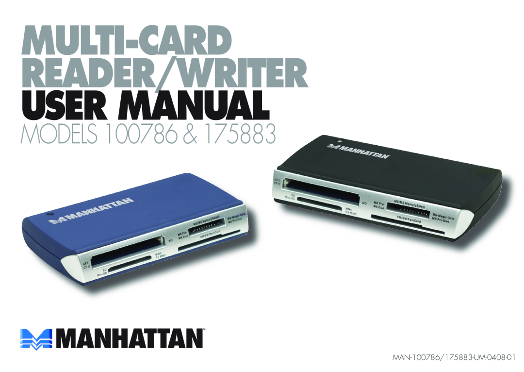 Manhattan Computer Products user manual Multi-CardReader/Writer, Models, MAN-100786/175883-UM-0408-01 