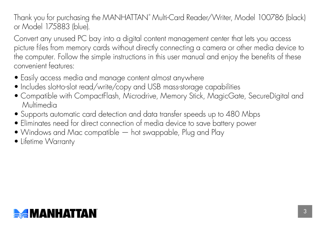Manhattan Computer Products 100786, 175883 user manual Lifetime Warranty 