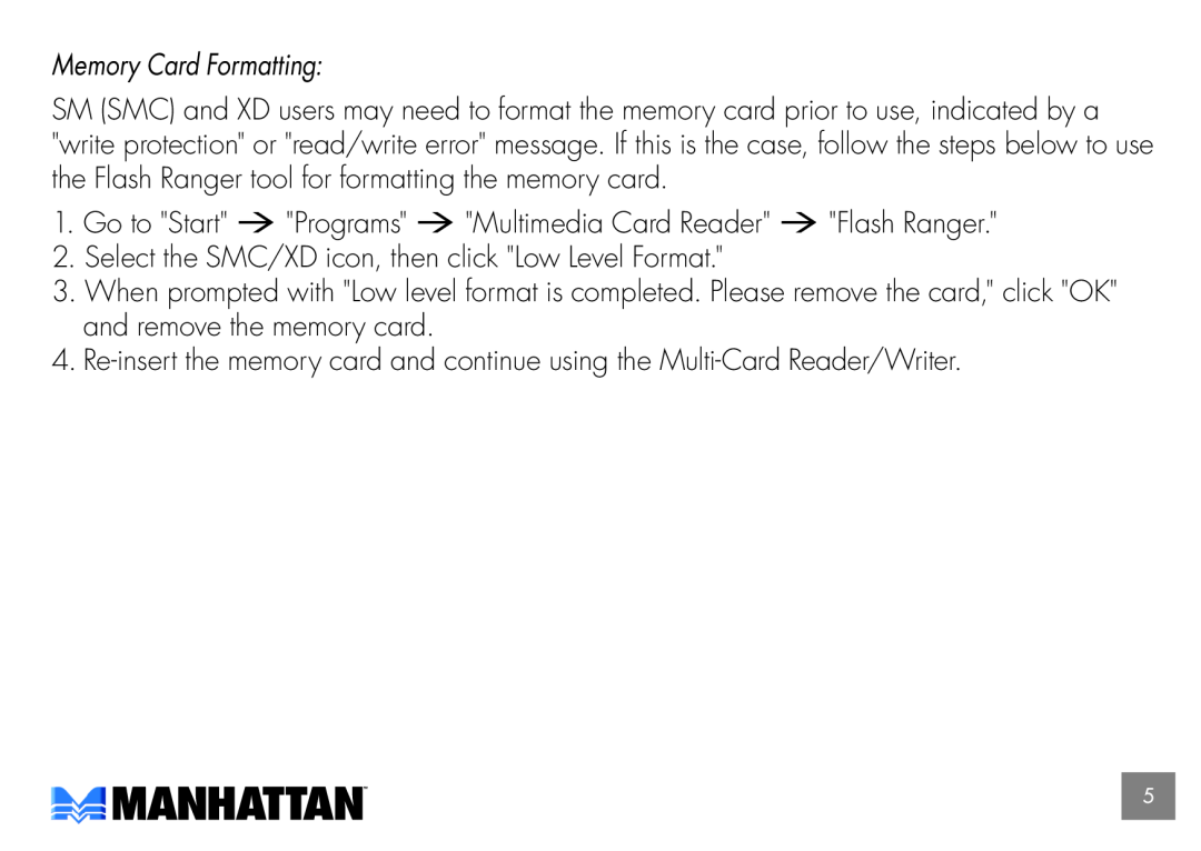 Manhattan Computer Products 100786, 175883 user manual Memory Card Formatting 