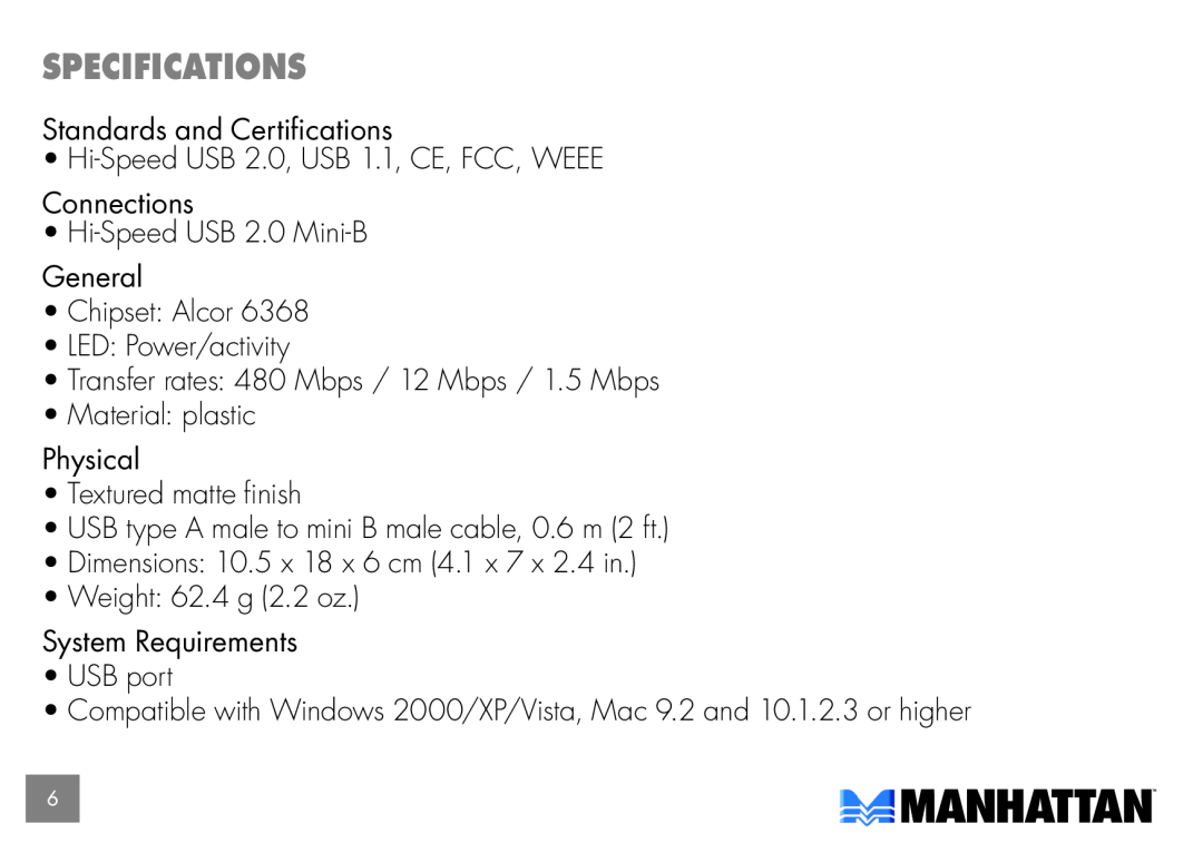 Manhattan Computer Products 175883, 100786 user manual Specifications 