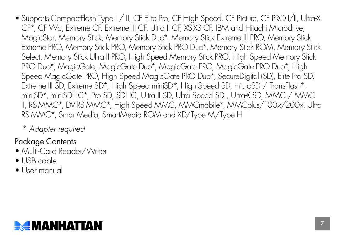Manhattan Computer Products 100786, 175883 user manual Adapter required, Package Contents Multi-CardReader/Writer 