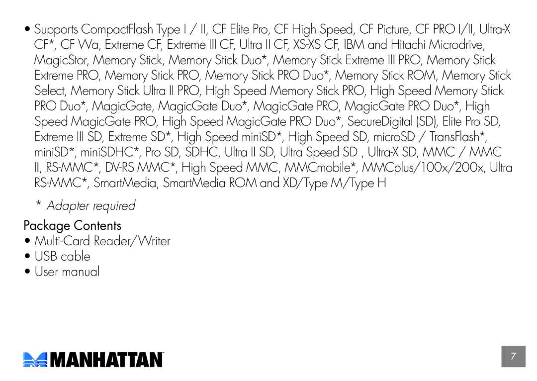 Manhattan Computer Products 100786, 175883 user manual Adapter required, Package Contents Multi-Card Reader/Writer USB cable 